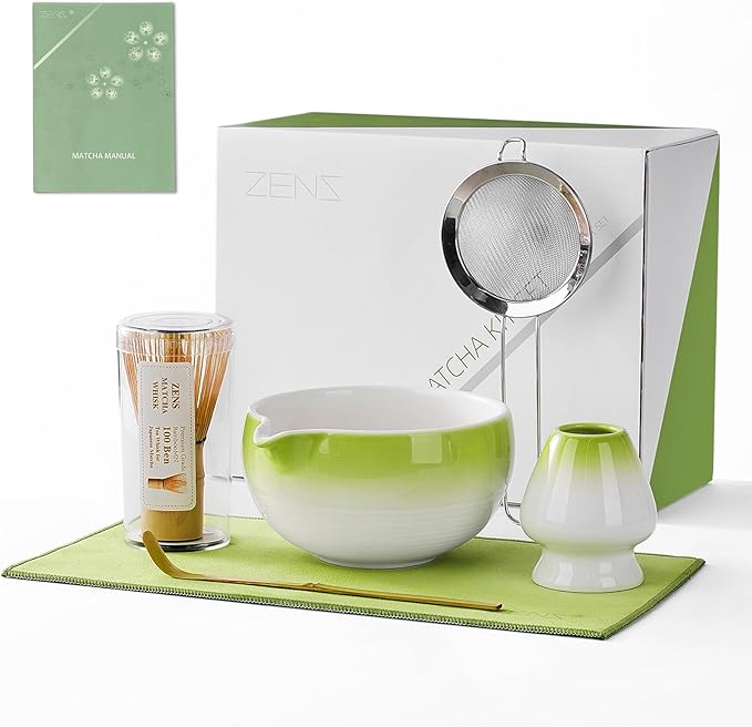 ZENS Matcha Whisk Set, 6pcs Matcha Kit Includes Ceramic Bowl, Handcrafted Bamboo Whisk and Chasen Holder, Scoop, 304 Sifter & Tea Mat，Matcha Set for Tea Ceremony,Latte Making, Green