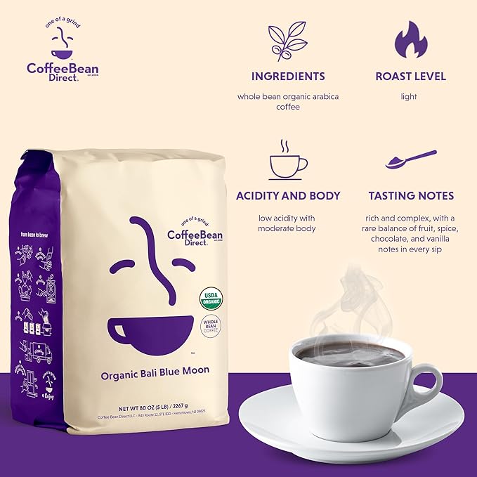 Coffee Bean Direct Organic Bali Blue Moon, Whole Bean Coffee, Light Roast, 5 Pound Bag (Pack of 1)