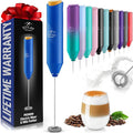 Zulay Kitchen FrothMate Powerful Milk Frother Portable & Compact Handheld Foam Maker Lattes, Cappuccinos (Blue with Gold Button, Froth Mate)