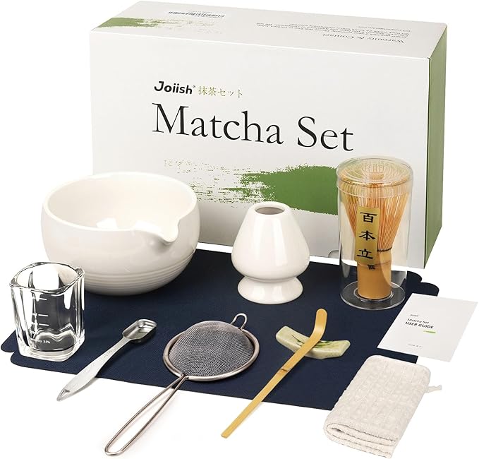 Matcha Tea Kit 10-Pcs Set, Whisk and Bowl with Spout & Measuring Spoon, Japanese Tea Making Tools, White