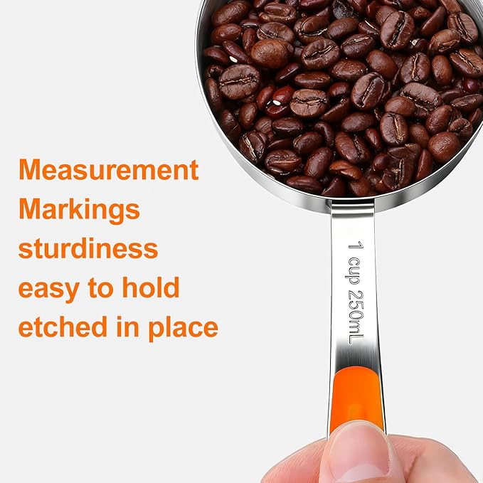 Measuring Cups and Spoons Set, Stainless Steel 10 Piece for Cooking and Baking (5 Cups + 5 Spoons, Orange Handle)