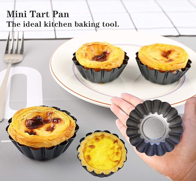 Egg Tart Molds 12PCS Tart Pan 2.6inch, Mini Carbon Steel Non Stick Tart Pans, Tart Molds For Baking (2.6 inch)
