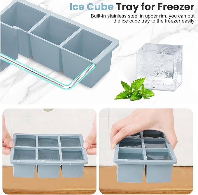 Large Silicone Ice Cube Tray 3Pack, SAWNZC Big Square Ice Cube Molds for Whisky Cocktail, Ice Maker Tray with Lid for Freezer, Easy Release (3, Blue-Green-Yellow)