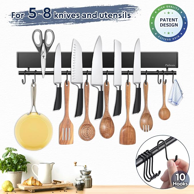 17 inch magnetic knife holder with 10 hooks, No Drilling black knife magnetic strip and utensil hanger for wall, Powerful knife magnet rack include tape and screws