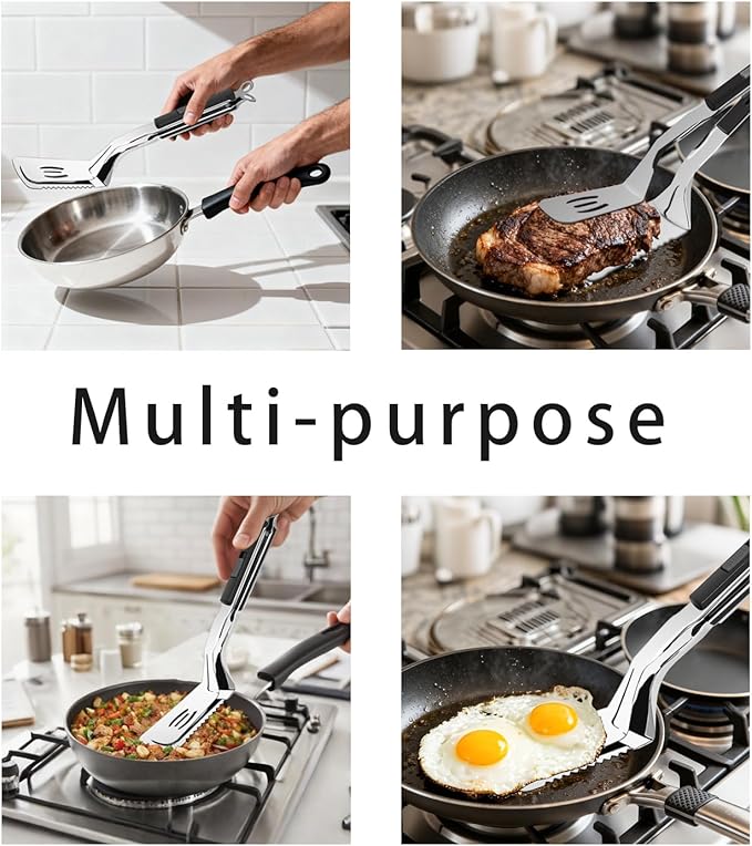 11.5-inch Stainless Steel Tongs for Cooking – Versatile Metal Spatula Tongs for Flipping, Picking Up, Cutting, and Stir-Frying Meats and Other Foods. Kitchen Tongs Durable and Multifunctional.(Black)