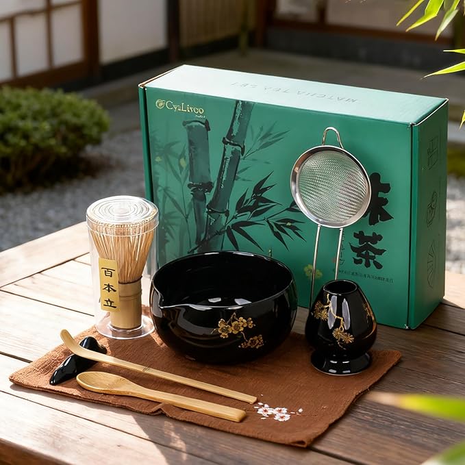Matcha Whisk Set, Ceramic Bowl with Spout, Matcha Whisk & Holder, Bamboo Scoop & Spoon, Scoop Rest, Sifter, Towel, 8 Pcs Complete Kit for Tea Ceremony, Gift for Friend/Family(Black)