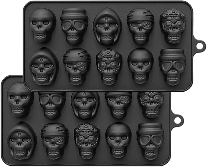 FreeNFond 10 Cavity Skull Silicone Chocolate Molds Sugar Skull Mold for Halloween Baking, Resin and Candy, Pack of 2 (Black, 2P-SmallSkull)