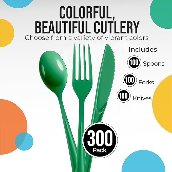 Party Solids Emerald Green Plastic Silverware Heavy Duty 300 Pcs Green Plastic Cutlery Sets, Utensil Sets, 100 Of Each Forks, Knives & Spoons Disposable Cutlery Set, Flatware Set For Party Supplies