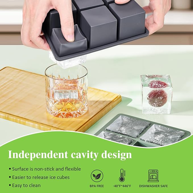Large Ice Cube Tray for Whiskey: 2inch Big Silicone Ice Trays with Lid for Whisky - 3Pack Old Fashioned Ice Cube Trays for Cocktail - Huge Square Cubed Bourbon Ice Cube Maker