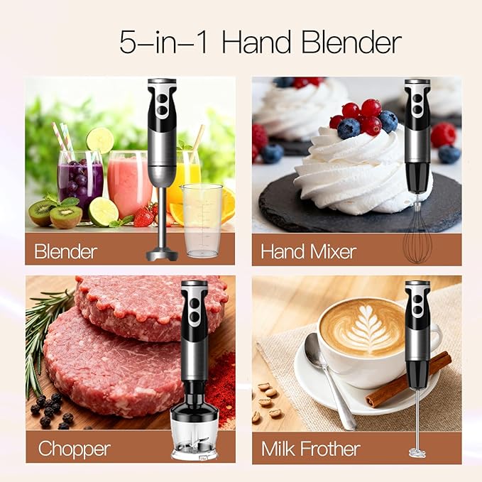 MegaWise Pro Titanium Reinforced 5-in-1 Immersion Hand Blender, Powerful Motor with 80% Sharper Blades, 12-Speed Corded Blender, Including 500ml Chopper, 600ml Beaker, Whisk and Milk Frother (Black)
