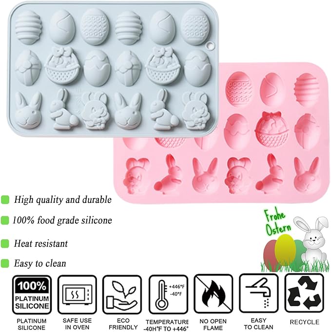 2 Pcs Easter Silicone Chocolate Molds, 18 Cavity Mini Bunny Egg Candy Molds Design for Making Jellies, Soft Candy, Ice Cubes, Wax Melts, Soaps, Resin etc Cake Decoration