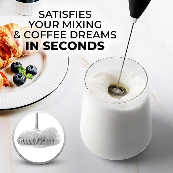 Zulay Premium Gift Milk Frother Set – Handheld Coffee Frother with Stand, 12oz/350ml Frothing Pitcher + 4 Latte Art Stencils – 13,000 RPM Motor, SS Whisk, Battery Operated – Barista Kit (OG Black)