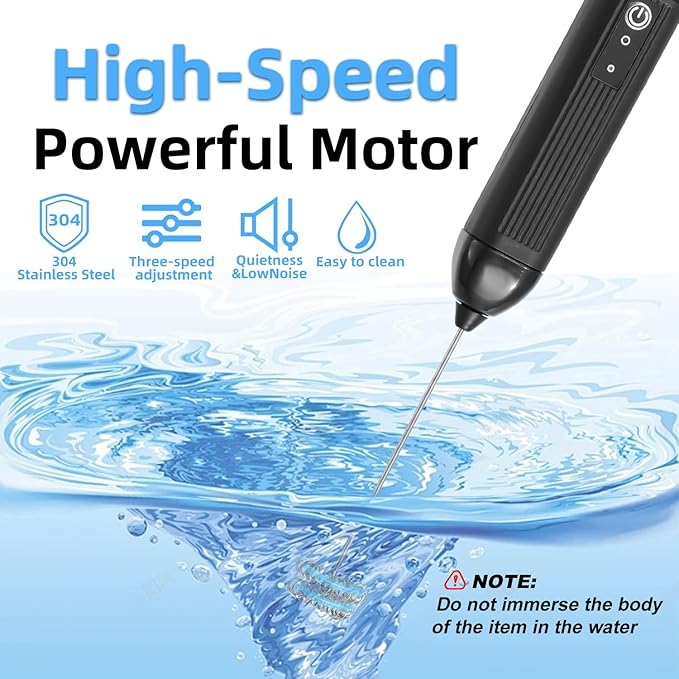 Rechargeable Milk Frother Handheld, 3 Speeds Electric Coffee Mixer Wand with Stainless Steel Whisk for Hot Chocolate, Eggs, Latte, Cappuccino (Black)