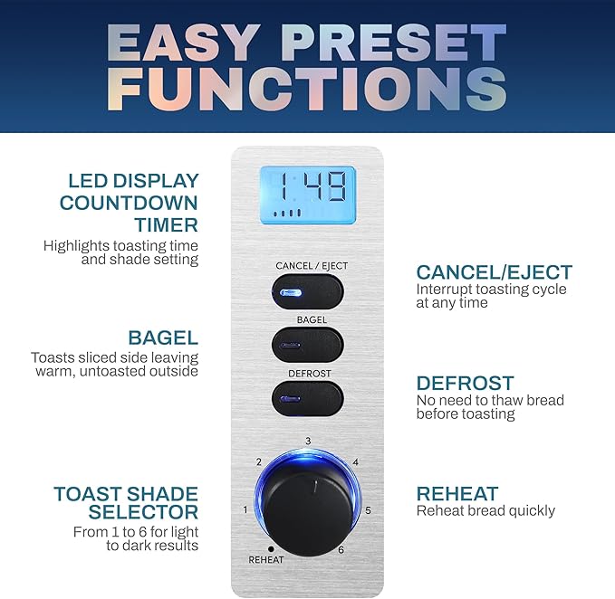 Elite Gourmet ECT2145 Extra Wide Slot 2-Slice Toaster, Bagel Function Reheat, Defrost, & Cancel Functions, 6 Toast Settings, Built-in Warming Rack, Countdown Timer, Stainless Steel