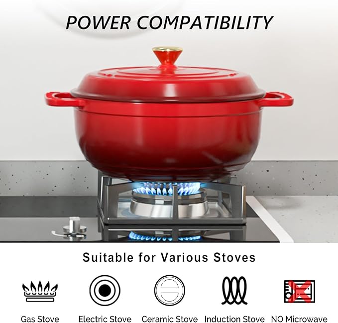 VINGLI 6QT Enameled Cast Iron Round Dutch Oven Pot with Lid, NonStick Casserole Pot with Dual Handles & Silicone GlovesRed, Oven Safe up to 500°F or on Stovetop, Dutch Oven for Bread Baking, Red