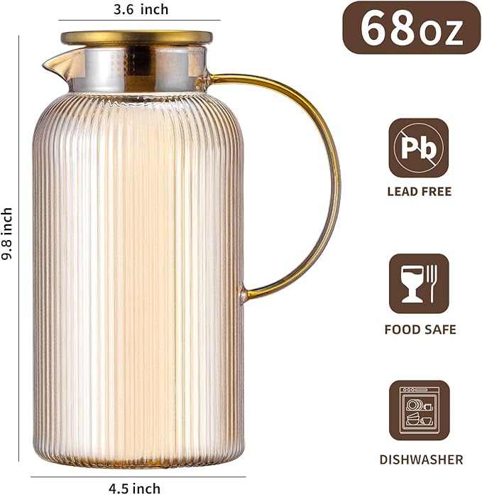 2 PACK Glass Pitcher with Lid, 68 oz/ 2 Liter Amber Classic Vertical Stripes Water Pitcher,Glass Water Carafe for Cold Brew, Coffee, Lemonade, Iced Sun Tea,Beverage, Heat Resistant