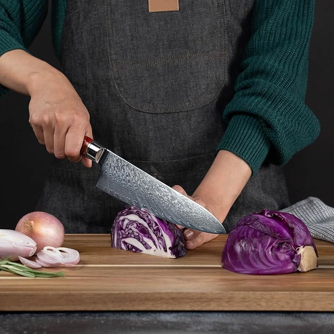 SENKEN 7-Piece Damascus Kitchen Knife Set - Tsunami Collection - 67-Layer Japanese VG10 Steel - Chef's Knife, Cleaver, Santoku, Bread, Boning, & More (Red Resin Blend)