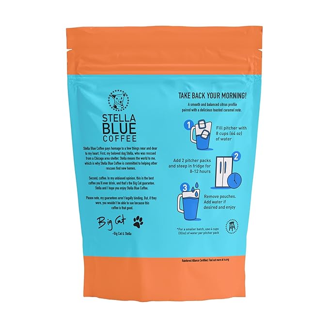 STELLA BLUE Fresh Cold Brew Coffee | Miss Peaches Blend | 100% Single Origin Arabica MEDIUM Roast | Ethically & Sustainably Sourced from Colombia | Helps Support PAWS Chicago | 6 Packets to Make 24 Cups