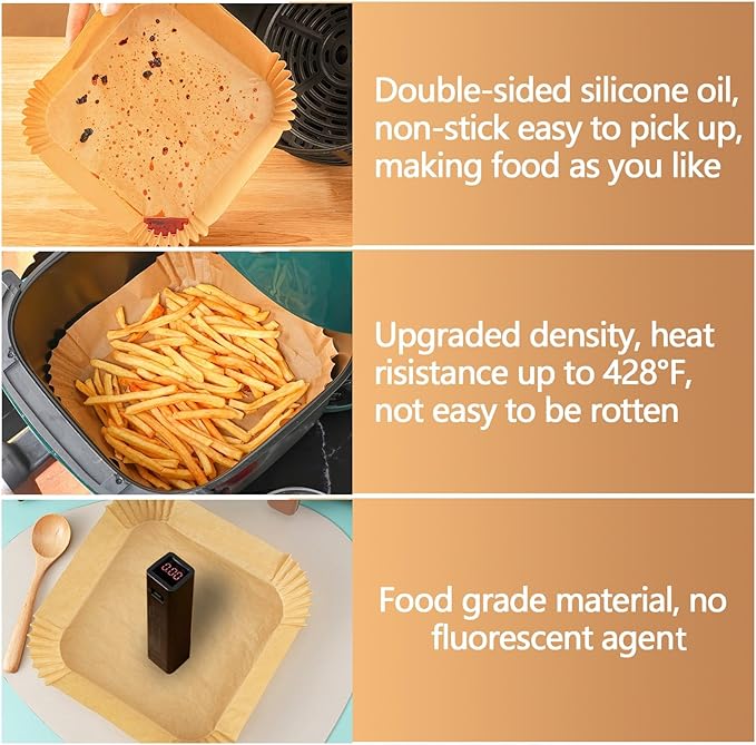 10 Inch Air Fryer Paper Liners, 100Pcs Air Fryer Liner Disposable, Oil-Proof & High-Temperature Resistant Parchment Baking Paper for Air Fryer, Microwave and Oven（Bottom Is 9 Inch）