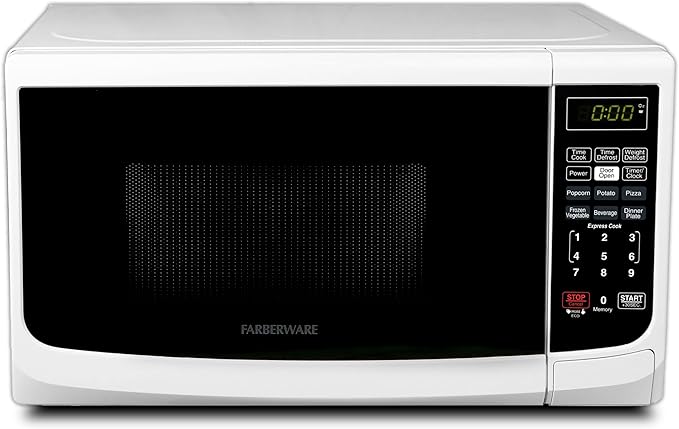 Farberware Countertop Microwave Oven 700 Watts Power Auto Cook Settings, Defrost, Easy Clean and Child Safety Lock, 0.7 Cu. Ft, White