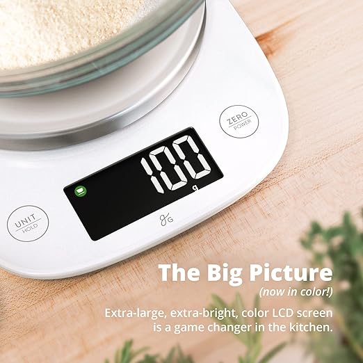 Greater Goods Digital Kitchen Scale with LCD Display, Weighs in Grams and Ounces, Batteries Included, Weighs up to 11 Pounds, White (No Bowl)