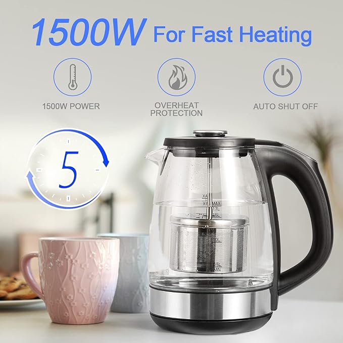 ShanSon Electric Kettle with Tea Infuser 1.7L Temperature Control Glass Electric Tea Kettle 1500W Fast Heating Water Boiler BPA Free Electric Teapot with 7 Presets Auto-Off & Boil-Dry Protection