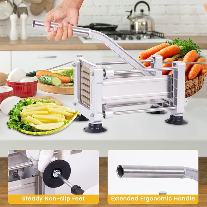 Heavy Duty French Fry Cutter with 3 Stainless Steel Blades (1/4" 3/8" 1/2") - Manual Metal Potato Slicer for Vegetable, Sweet Potatoes, Onions