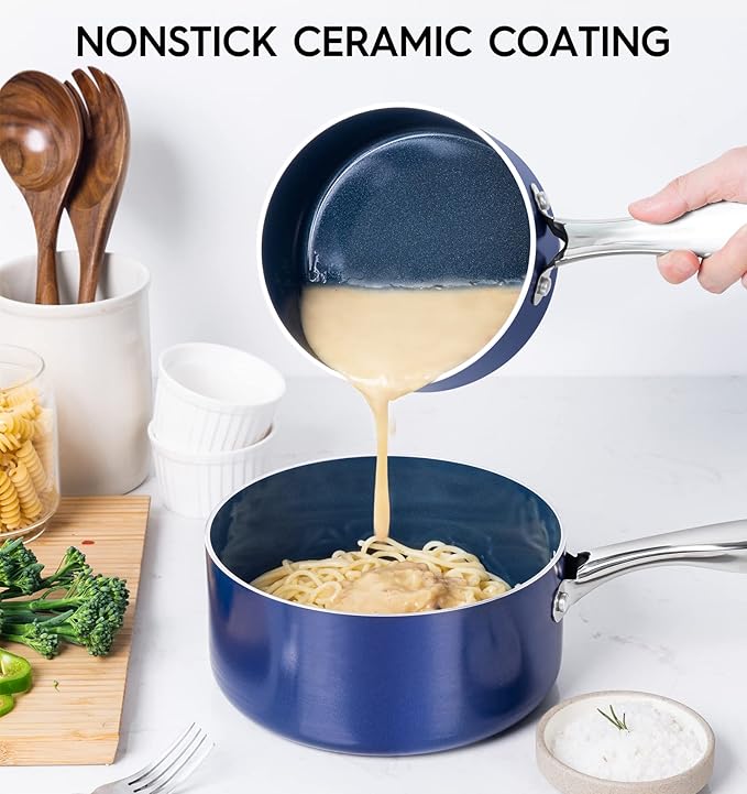 MICHELANGELO 3 Quart Saucepan with Lid, Nonstick Ceramic Sauce Pan with Stainless Steel Handle, 3 Qt Saucepan with Lid Induction Compatible, Oven Safe, Blue