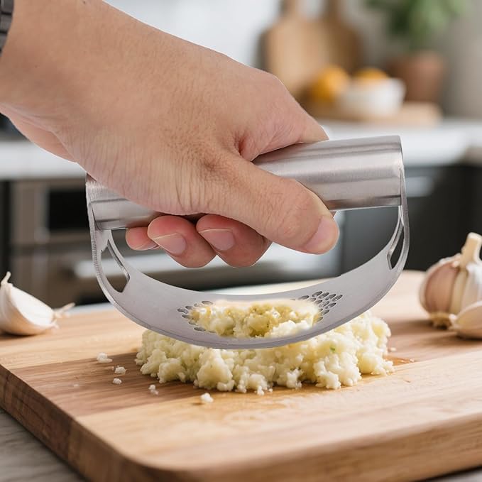 Stainless Steel Hand Garlic Presser Set, Hand Garlic Press with Plastic Peeler Tube and Brush Ginger Crusher Supplies for Kitchen Vegetable Processing Tools