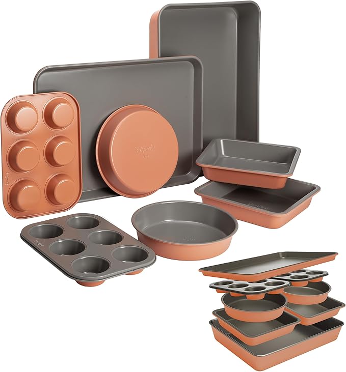 Goodful All-In-One Nonstick Bakeware Set, Stackable and Space Saving Design includes Round and Square Pans, Muffin Pans, Cookie Sheet and Roaster, Dishwasher Safe, 8-Piece, Terracotta
