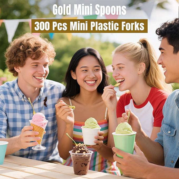 WDF 300PCS Plastic Gold Mini Spoons - 4 Inches Gold Plastic Desserts Spoons, Heavy Duty Disposable Spoons Perfect for Coffee, Cake, Appetizers,Ice Cream,Wedding,Thanksgiving