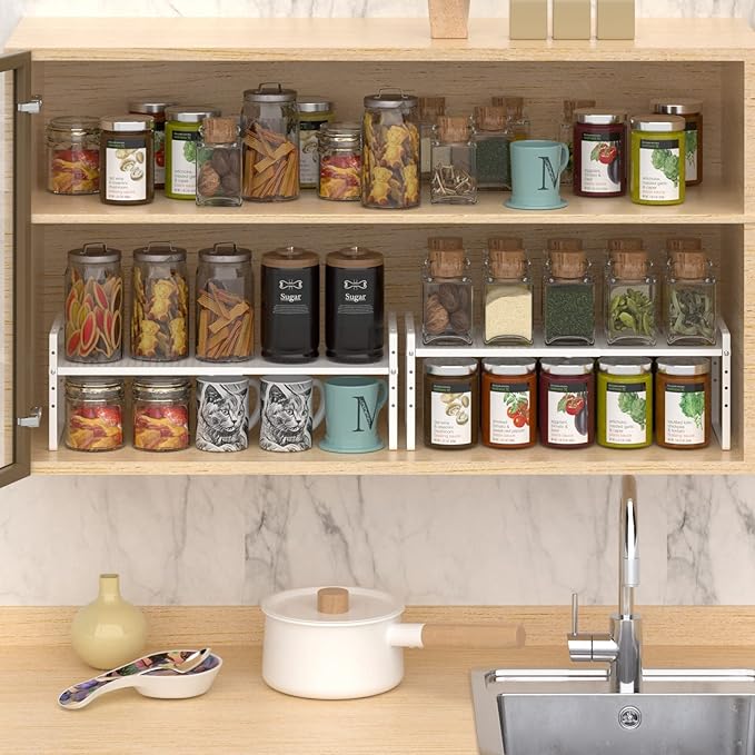 Expandable Counter Shelf, Adjustable Height Spice Rack Metal Mesh Board Shelf Organization for Kitchen Pantry Bathroom Office -White