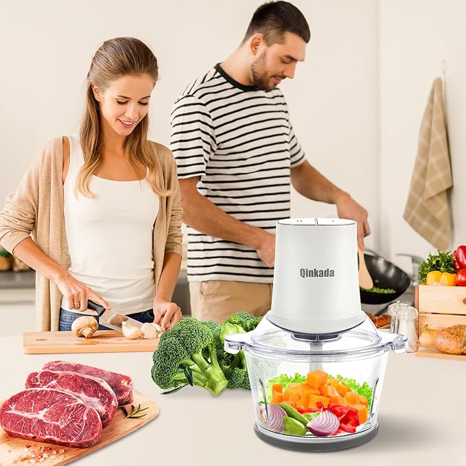 Food Processors with 2 Bowls, 400W Meat Grinder, Food Chopper Electric, 2 Speed, 8Cup Glass and 8Cup 304 Stainless Steel, 2 Blades, Spatula (White)