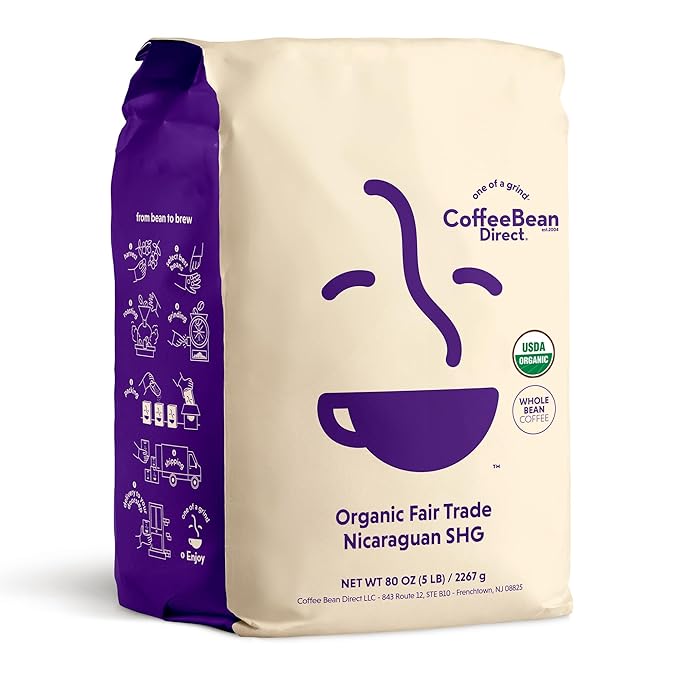 Coffee Bean Direct Organic Fair Trade Nicaraguan SHG, Whole Bean Coffee, Light Roast, 5 Pound Bag (Pack of 1)