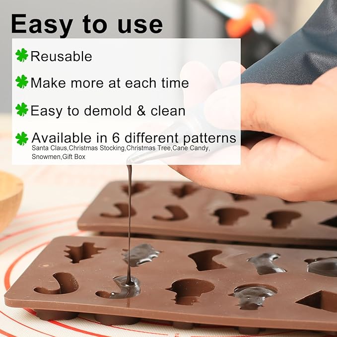 Chocolate Molds Silicone Christmas, Small Silicone Molds with 6 Shapes of Santa/Stockings/Tree/Candy Cane/Snowman/Xmas Box, Mini Candy Mold for Gummy/Fudge/Jelly/Fruit Snacks, 2 Pcs