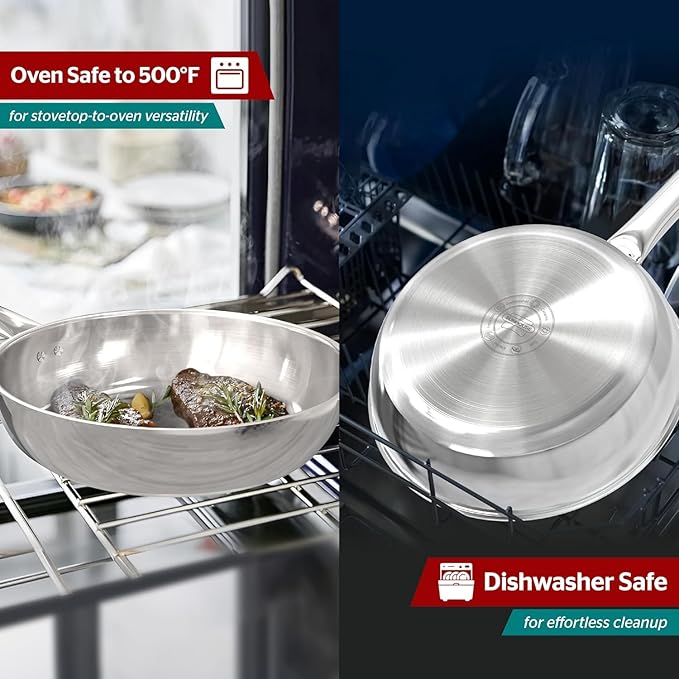 Sunhouse 8 Inch Tri-Ply Stainless Steel Frying Pan, Whole-Clad No Coatings Skillet with Stay-cool Handle for Cooking, Durable & Oven Safe to 500°F, Dishwasher Safe, Compatible with All Cooktops
