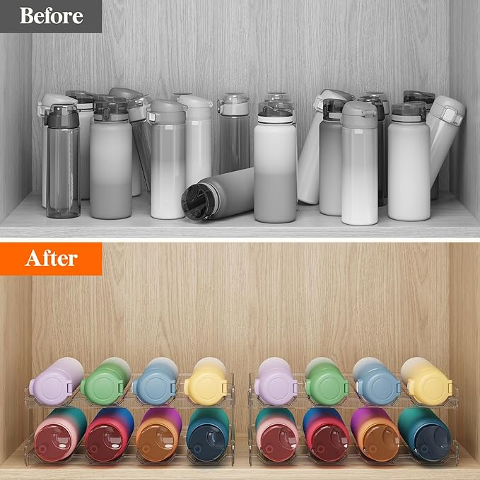 Lifewit Stackable Water Bottle Organizer for Cabinet, Plastic Bottle Holder Fits Bottles & Tumblers up to 3.8" Diameter, Pantry, Countertop & Fridge, 2 Tier Holds 8 Bottles