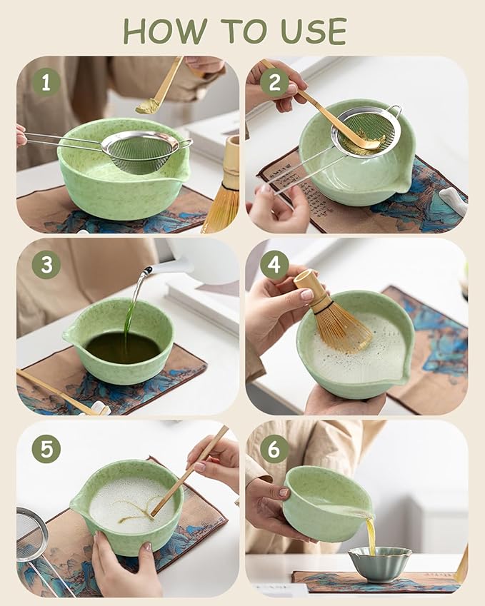 Matcha Whisk Set: Japanese Matcha Set with Ceramic Bowl, Matcha Sifter and Holder, Bamboo Scoop, Scoop Rest, Whisk, 6 Pcs, 18 oz Ceremonial Matcha Kit Making Tool Gift for Matcha Lovers, Beginners