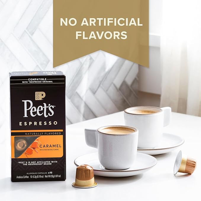 Peet's Coffee, Medium Roast Espresso Capsules, Compatible with Nespresso Original Machine - Caramel, 100 Count (10 Boxes of 10 Espresso Capsules)