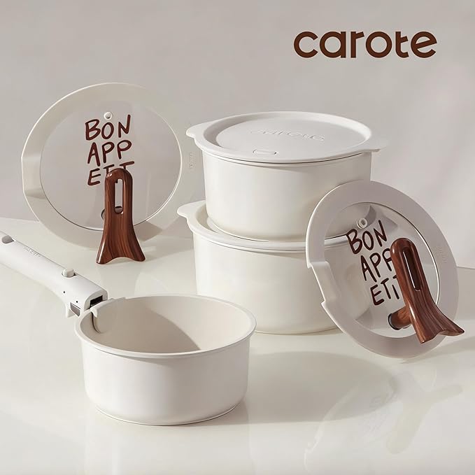 CAROTE Ceramic Sauce Pan Sets with Stand-Up Lid 2QT, 3QT & 4QT, 11 Piece NonStick Kitchen Cookware Sets with Detachable Handle, Non Toxic Cooking Pot, Oven Safe, Induction Ready, Cream White