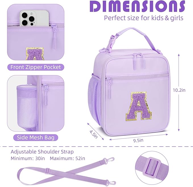 Initial Insulated Lunch Bag for Girls Kids, Back to School Gift, Reusable Leak-proof Lunch Box with Adjustable Strap for School Daycare Travel Picnic (Purple,A)