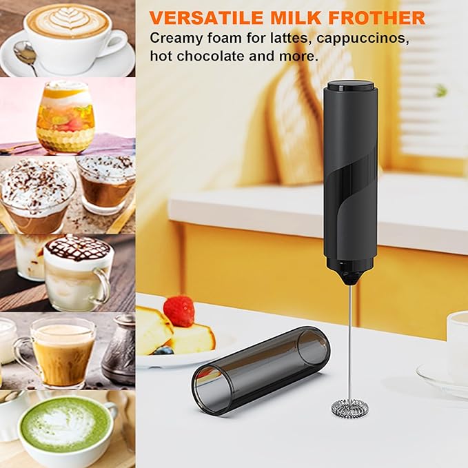 Handheld Milk Frother with Cover, Battery Operated Drink Mixer Handheld Easy to Carry Electric Frother Wand For Coffee, Latte, Cappuccino, Frappe Drink, Hot Chocolate, Black