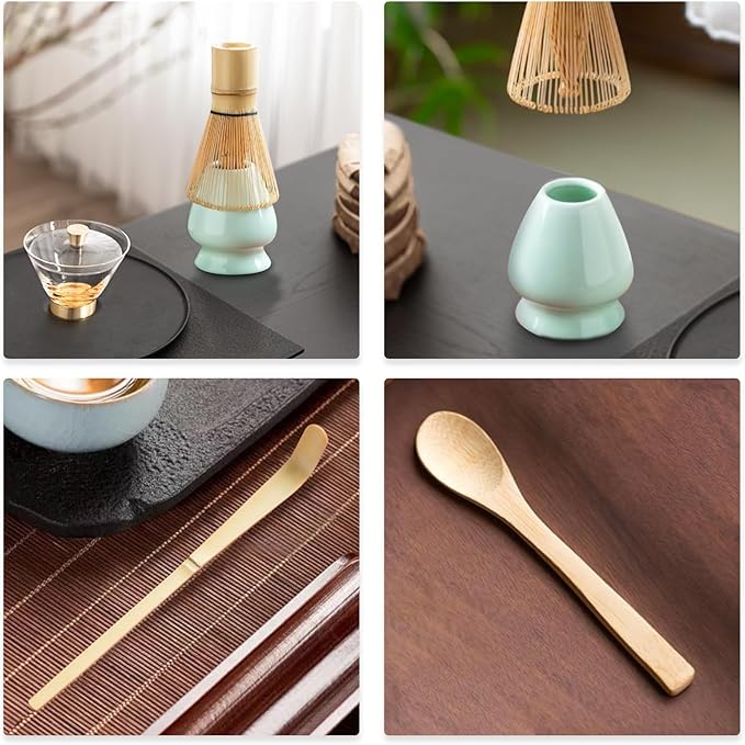 Matcha whisk set - 4pcs - Includes Bamboo Matcha whisk, scoop,spoon,Matcha Whisk Holder. Essential matcha whisk set for a traditional tea ceremony and daily use
