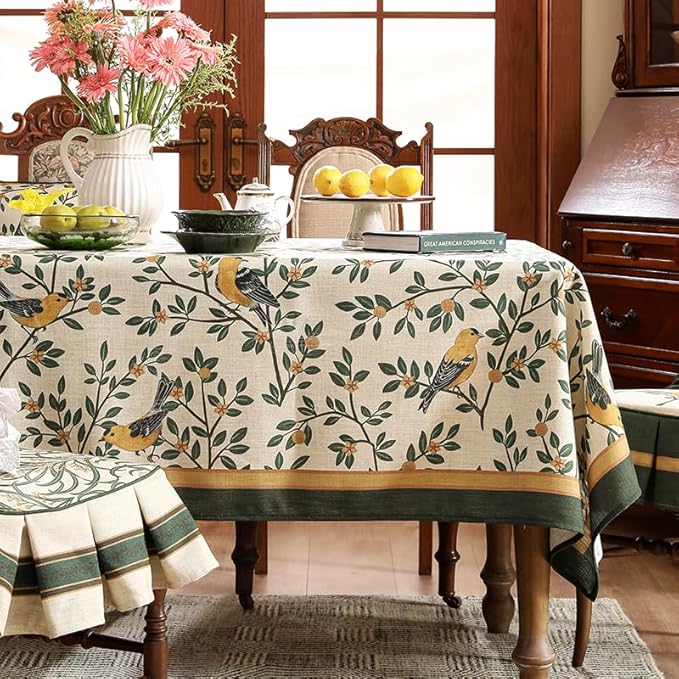 patdrea Designer French Table Cloth for Rectangle Table,Vintage Green Linen Birds and Leaves Pattern Tablecloths,Dacorative Cover Kitchen Dining,Christmas,Thanksgiving,Tea Party,63"x87"-Warbler