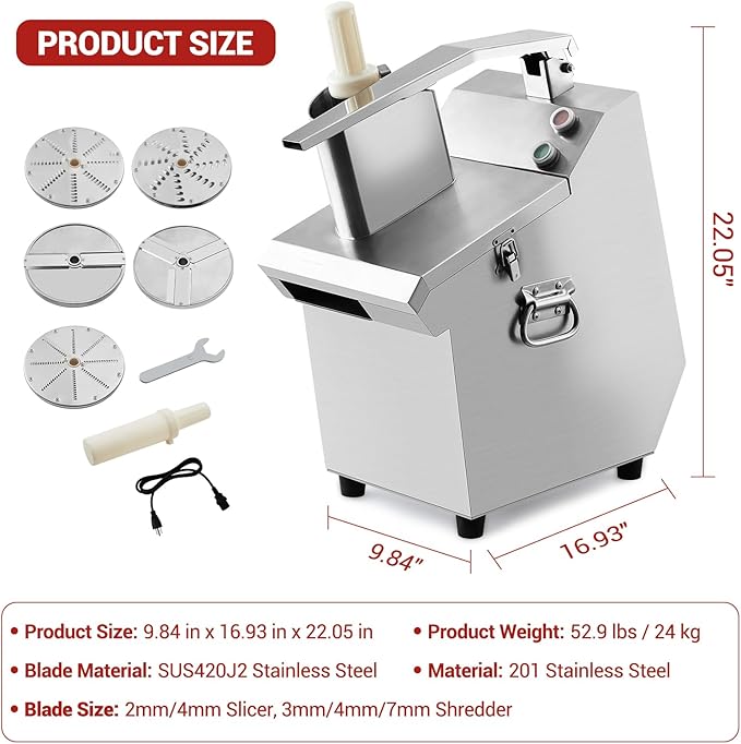 Commercial Food Processor with 5 Blades, Electric Vegetable Slicer & Chopper for Restaurant Kitchen - Stainless Steel Multifunctional Shredder, Slicer