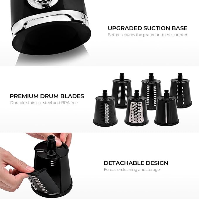 SUSTEAS Rotary Cheese Grater with Handle,Vegetable Slicer with 6 Interchangeable Blades, Reinforced Suction,Easy to Clean,Kitchen Shredder for Crushed Ice,Fruits and Nuts with Blade Storage Case,Black