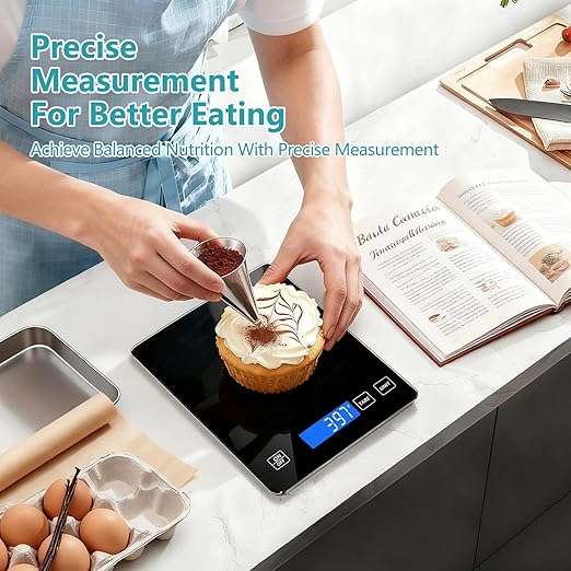 Food Scale, Digital Kitchen Scale 33lb/15kg Steel and Tempered Glass with 1g/0.1oz Precision, Tare & 5 Units, Type-C Rechargeable, LCD Display for Baking, Cooking, Meal Prep, Coffee, Postage Black