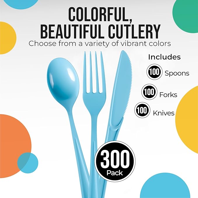 Party Solids Light Blue Plastic Silverware Heavy Duty 300 Pcs Light Blue Plastic Cutlery Sets, Utensil Sets, 100 Of Each Forks, Knives & Spoons Disposable Cutlery Set, Flatware Set For Party Supplies
