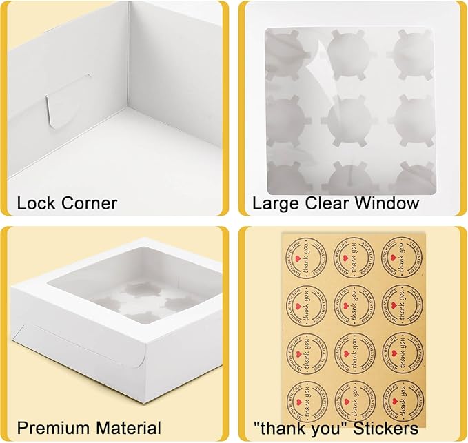 16 Sets of 9-Count White Cupcake Boxes with Window and Insert, 9x9x3 Inch, Suitable for Cupcakes, Muffins, and Cookies