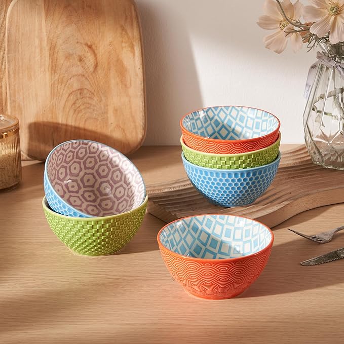 12 Oz Dessert Bowls Set of 6, 4.8 Inch Small Porcelain Ice Cream Bowls Set, Colorful Ceramic Cereal Bowls for Side Dishes, Dip, Snack, Rice, Soup, Portion, Fruits, Microwave and Dishwasher Safe